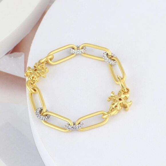 NWT Tory Burch Gold Link Circle Crystal Logo Bracelet - Picture 4 of 6